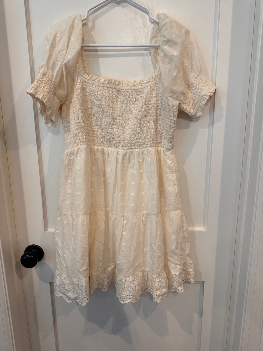 American Eagle Outfitters Cream Smocked Tiered Dress with Puff Sleeves